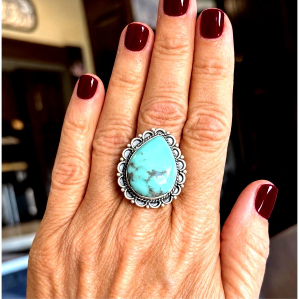 Number Eight Turquoise Tear Drop Ring in Sterling Silver